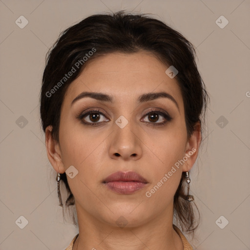 Neutral white young-adult female with medium  brown hair and brown eyes