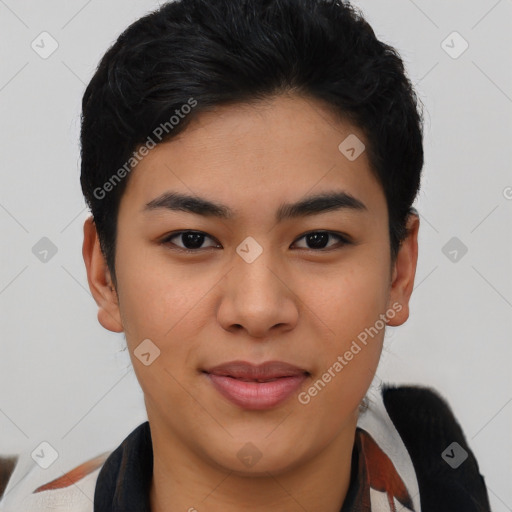 Joyful asian young-adult female with short  black hair and brown eyes