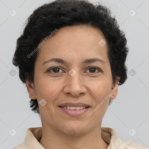 Joyful white adult female with short  brown hair and brown eyes