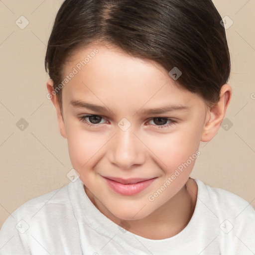 Joyful white child female with short  brown hair and brown eyes