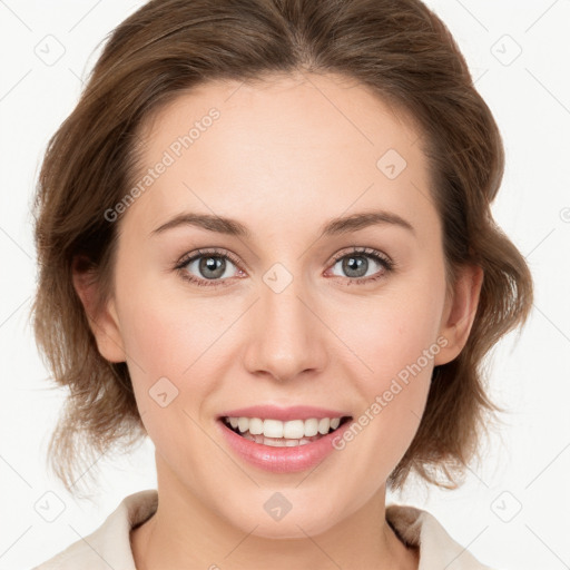 Joyful white young-adult female with medium  brown hair and blue eyes