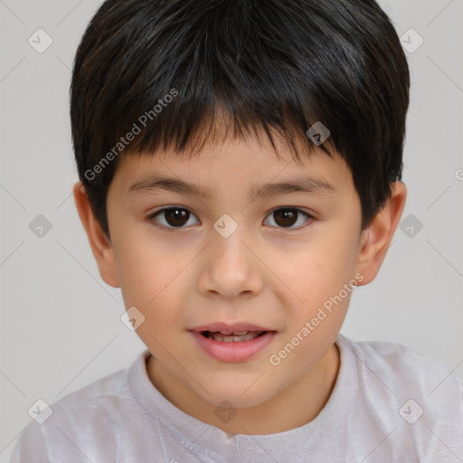 Joyful white child male with short  brown hair and brown eyes