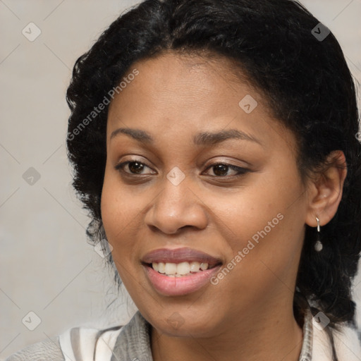 Joyful black young-adult female with medium  black hair and brown eyes