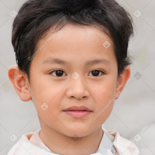 Joyful white child male with short  brown hair and brown eyes