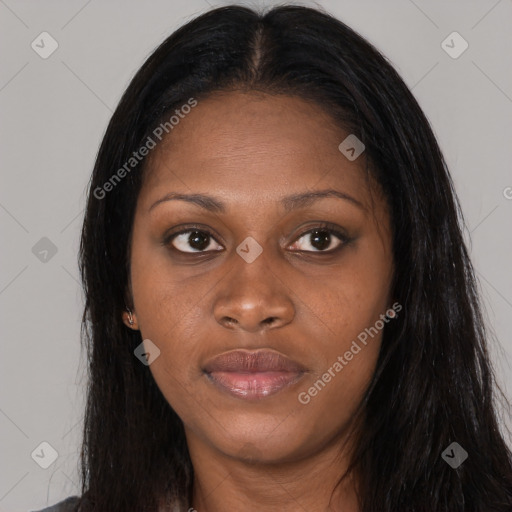 Joyful asian young-adult female with long  black hair and brown eyes
