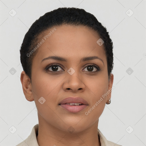 Joyful latino young-adult female with short  brown hair and brown eyes