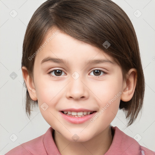 Joyful white child female with medium  brown hair and brown eyes