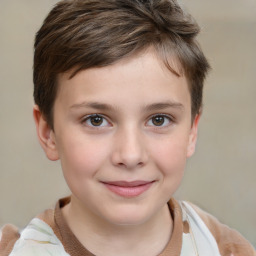 Joyful white child female with short  brown hair and brown eyes