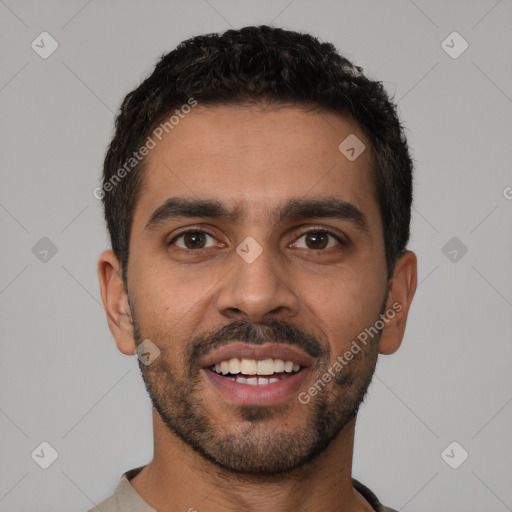 Joyful latino young-adult male with short  black hair and brown eyes