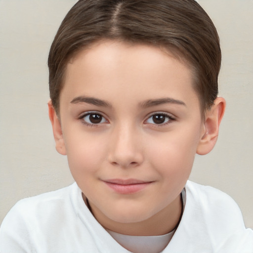 Joyful white child female with short  brown hair and brown eyes