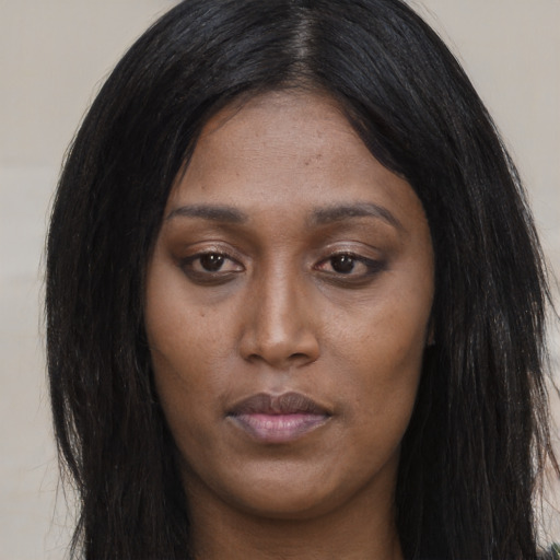Neutral asian young-adult female with long  brown hair and brown eyes