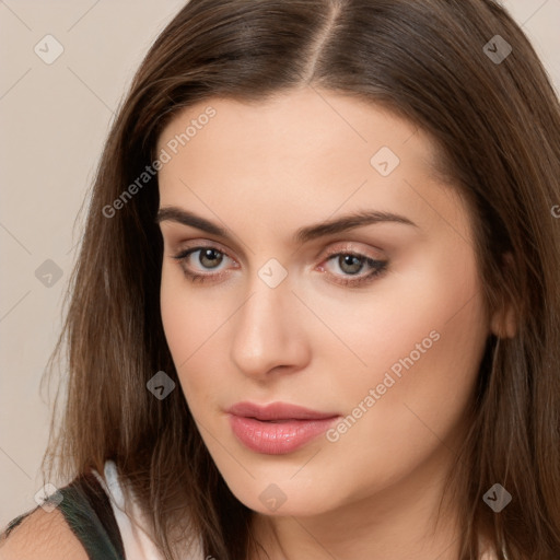 Neutral white young-adult female with long  brown hair and brown eyes