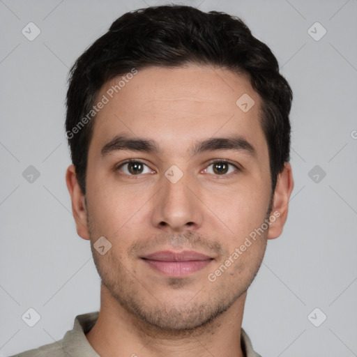 Joyful white young-adult male with short  black hair and brown eyes