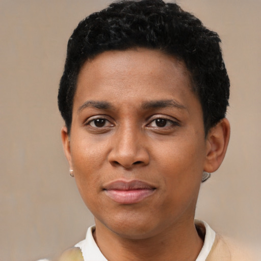 Neutral black young-adult female with short  black hair and brown eyes