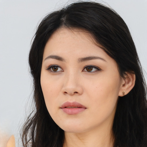 Neutral asian young-adult female with long  brown hair and brown eyes