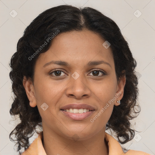 Joyful black young-adult female with medium  brown hair and brown eyes