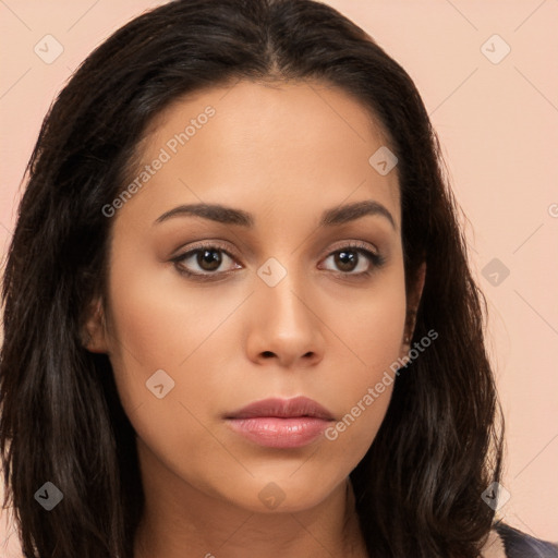 Neutral latino young-adult female with long  brown hair and brown eyes