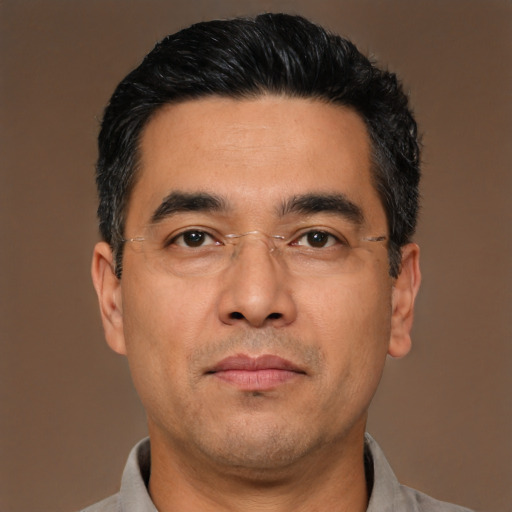 Neutral asian adult male with short  black hair and brown eyes