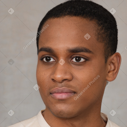 Neutral black young-adult male with short  black hair and brown eyes