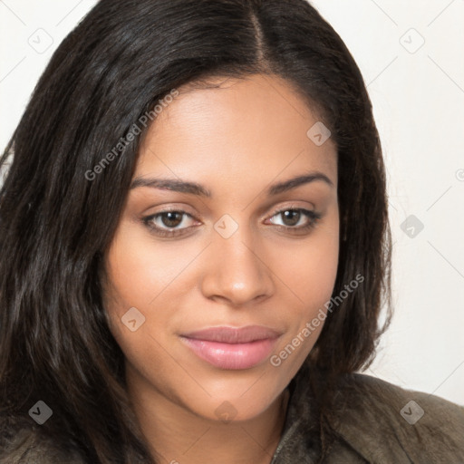 Joyful latino young-adult female with long  brown hair and brown eyes