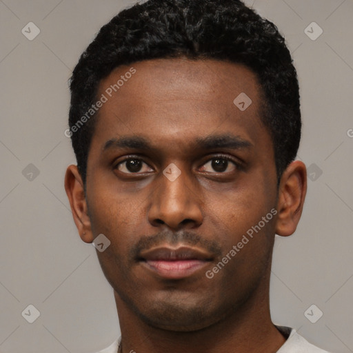 Neutral black young-adult male with short  black hair and brown eyes