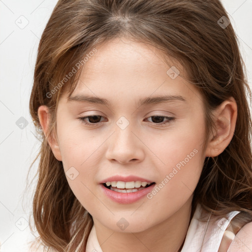 Joyful white child female with medium  brown hair and brown eyes