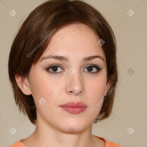 Neutral white young-adult female with medium  brown hair and brown eyes