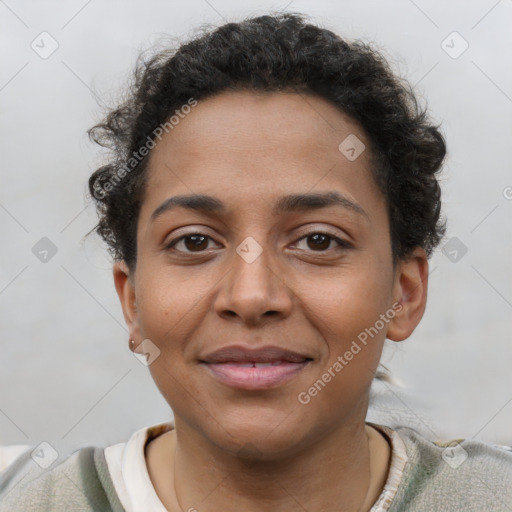 Joyful latino young-adult female with short  brown hair and brown eyes