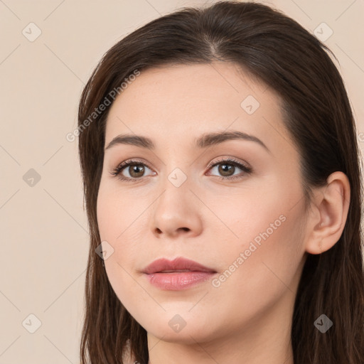 Neutral white young-adult female with long  brown hair and brown eyes