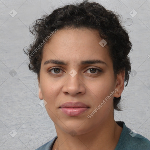 Joyful latino young-adult female with short  brown hair and brown eyes