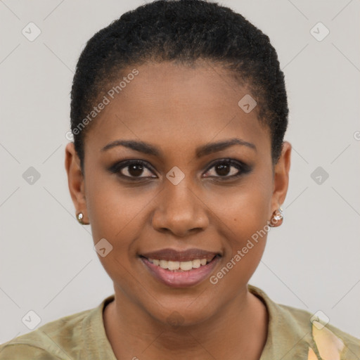 Joyful black young-adult female with short  black hair and brown eyes