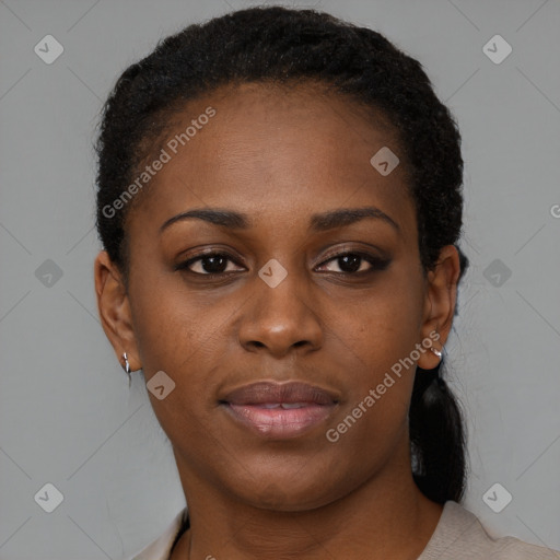 Neutral black young-adult female with short  black hair and brown eyes