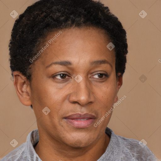 Joyful latino adult female with short  brown hair and brown eyes