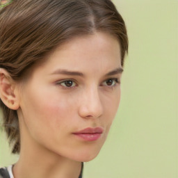 Neutral white young-adult female with short  brown hair and brown eyes