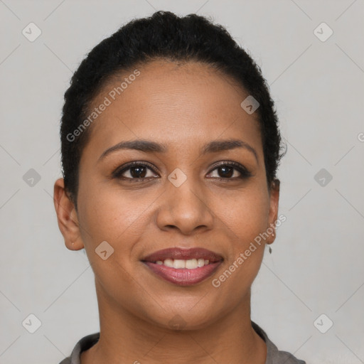 Joyful latino young-adult female with short  brown hair and brown eyes