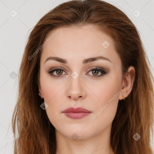 Neutral white young-adult female with long  brown hair and brown eyes