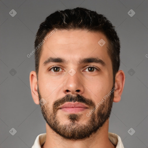 Neutral white young-adult male with short  brown hair and brown eyes