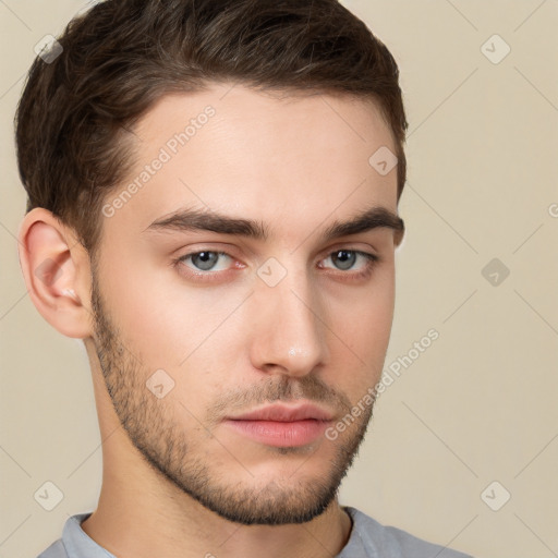 Neutral white young-adult male with short  brown hair and brown eyes