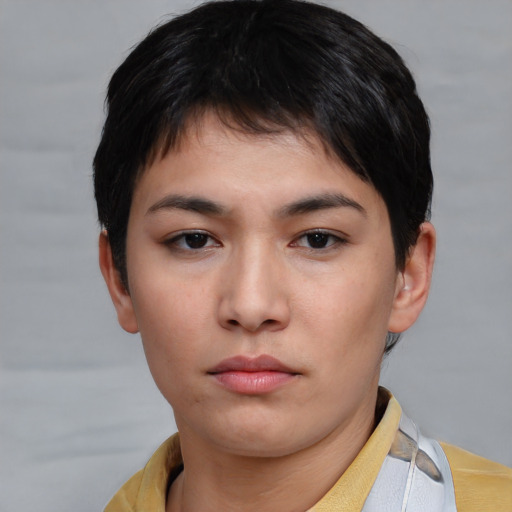 Neutral asian young-adult female with short  brown hair and brown eyes