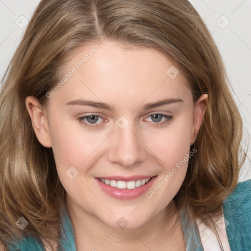 Joyful white young-adult female with medium  brown hair and blue eyes