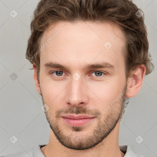 Neutral white young-adult male with short  brown hair and grey eyes