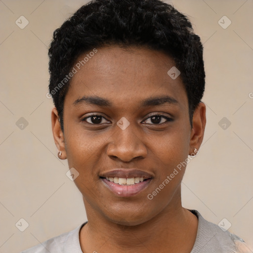 Joyful black young-adult female with short  black hair and brown eyes