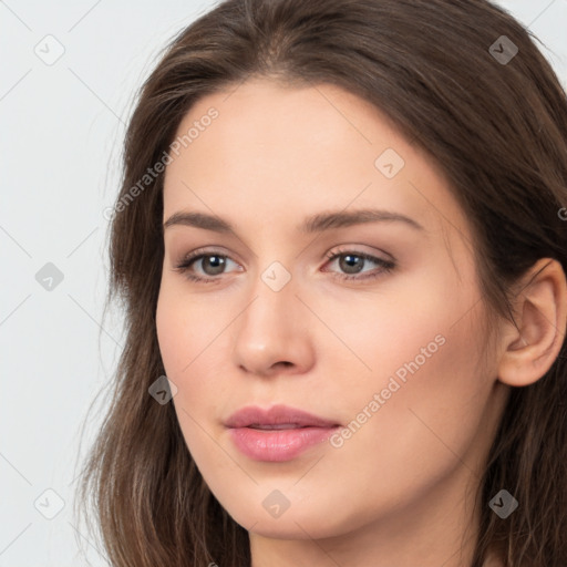 Neutral white young-adult female with long  brown hair and brown eyes