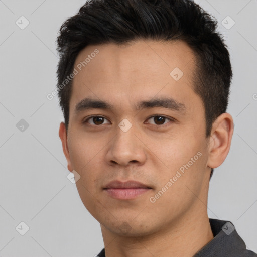 Neutral asian young-adult male with short  black hair and brown eyes