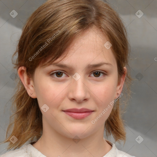 Joyful white child female with medium  brown hair and brown eyes