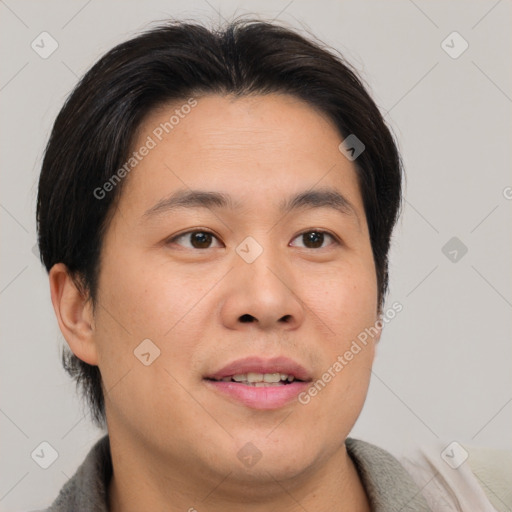 Joyful white young-adult male with medium  brown hair and brown eyes