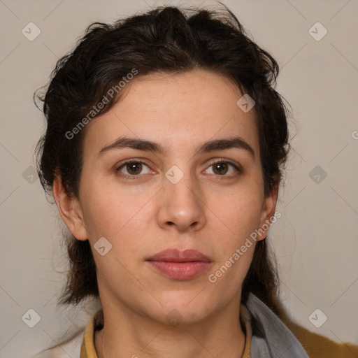 Neutral white young-adult female with medium  brown hair and brown eyes