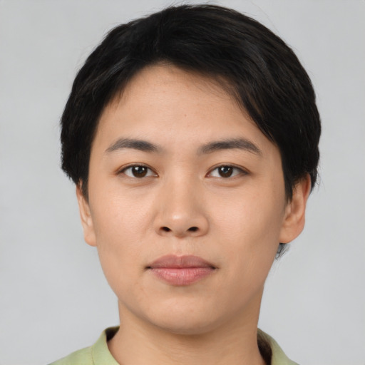 Neutral asian young-adult female with short  brown hair and brown eyes