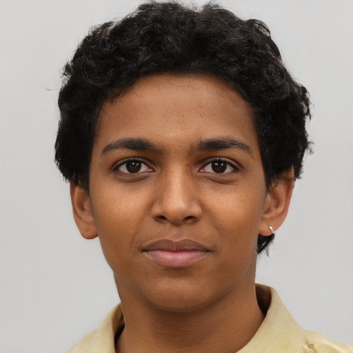 Neutral black young-adult female with short  black hair and brown eyes