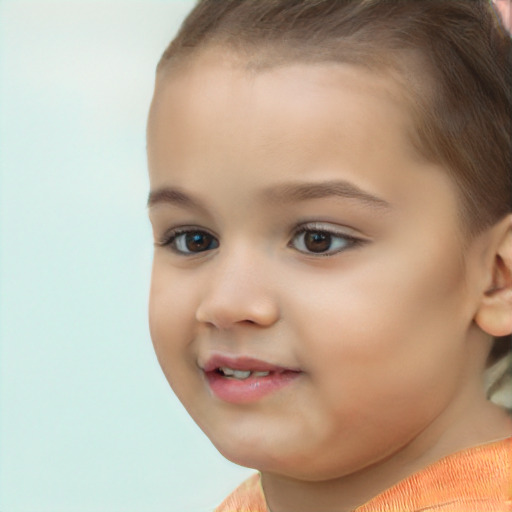 Joyful white child female with short  brown hair and brown eyes